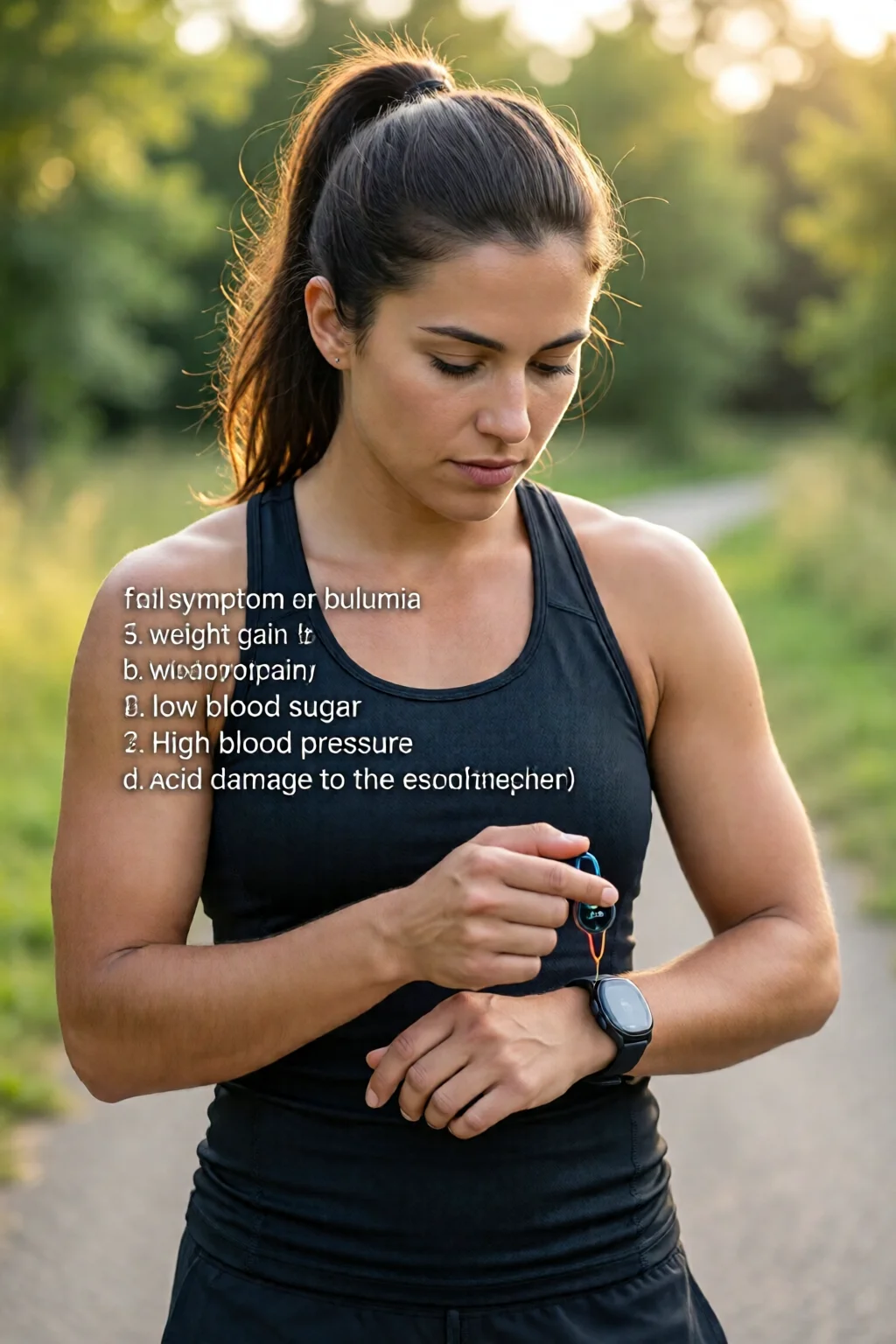 which of the following is a symptom of bulimia a weight gain b low blood sugar c high blood pressure d acid damage to the esophagus